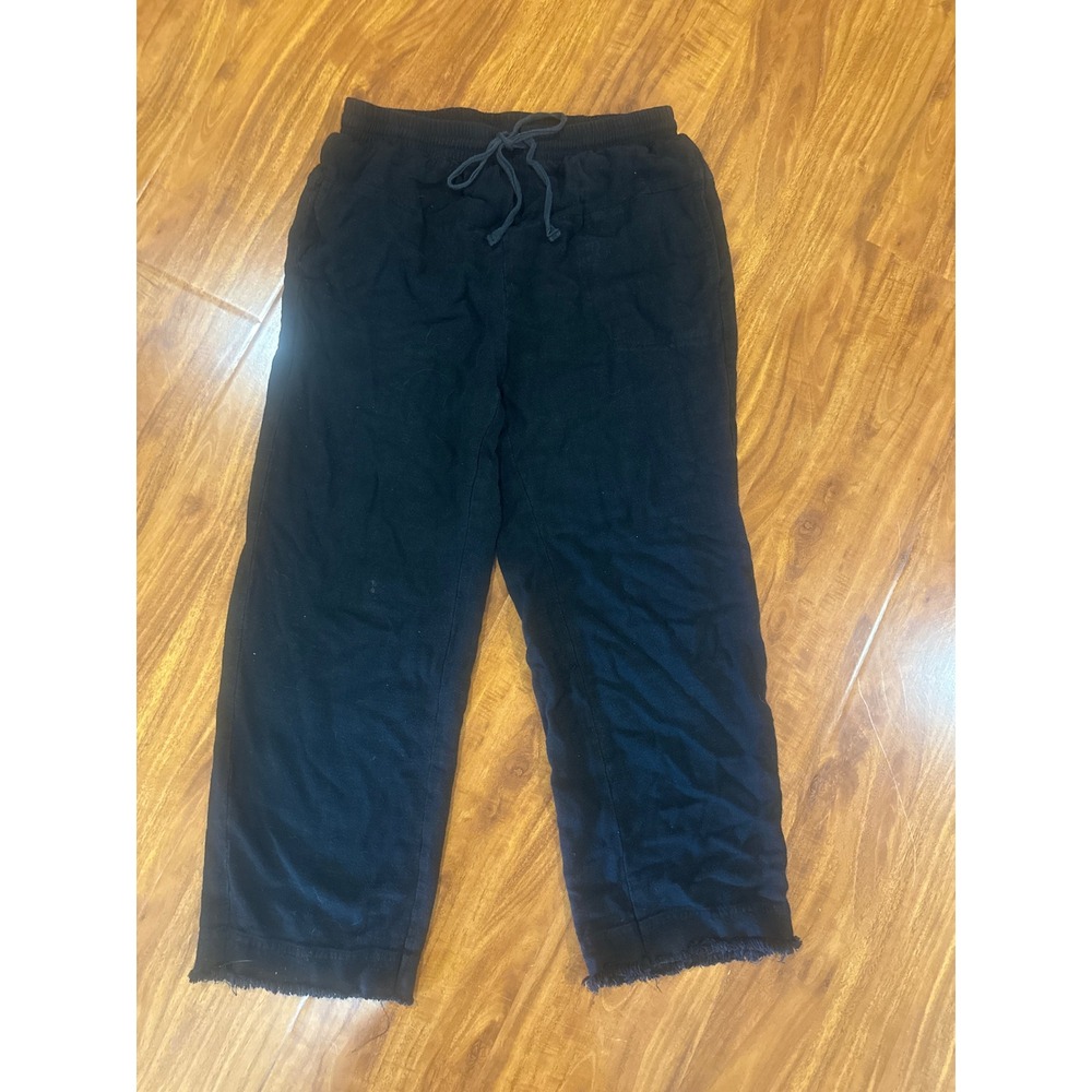Jodifl Womens Black Linen Blend Wide Leg Drawstring Pants Raw Hem Small